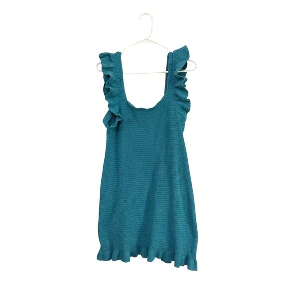 Anthropologie Ruffled Pointelle Knit Mini Dress Square Neck Blue Medium - Picture 3 of 9